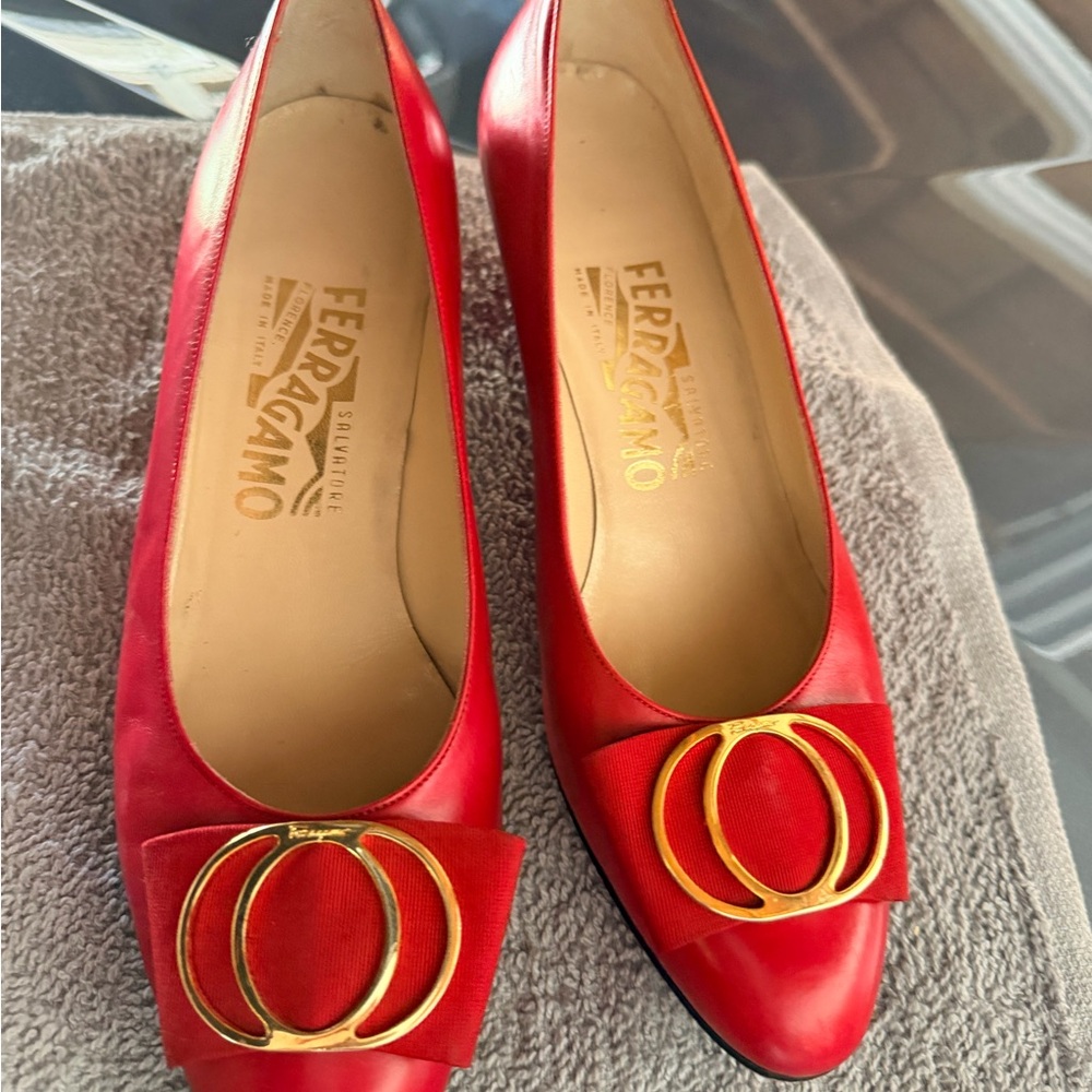 Salvatore Ferragamo Red Heels with Gold Accents